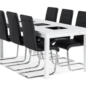 Beställ nu Basic Home Jasmin Förlängningsbar Matgrupp 180 cm med 6 Cibus Stol Vit/Svart - Möbler