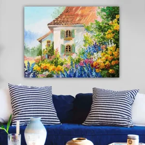 Säker betalning Canvastavla 70x100 cm - Färgglad blomsterträdgård framför ett charmigt hus med fönsterluckor - Inredning & dekor