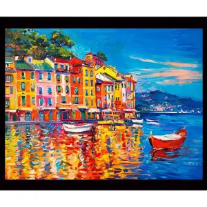 Snabb leverans Inramad Canvastavla i trä - 41x56 cm - Färgglad hamn med pastellfärgade byggnader och båtar - Inredning & dekor