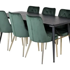 Handla nu Venture Home Irunea Förlängningsbar Matgrupp 180cm inkl 6 Valerie Lyx Sto Svart/Mörkgrön/Guld - Möbler