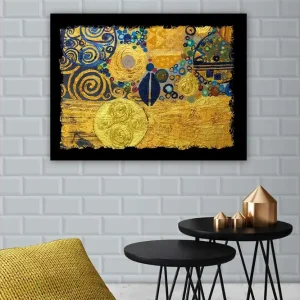 Canvastavla 70x100 cm - Ett abstrakt konstverk med gyllene cirklar och svarta spiraler som skapar en dynamisk komposition - Inredning & dekor Kampanjpris