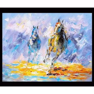 Begränsat erbjudande Inramad Canvastavla i trä - 41x56 cm - Två hästar som galopperar framåt i en färgstark och dynamisk komposition - Inredning & dekor