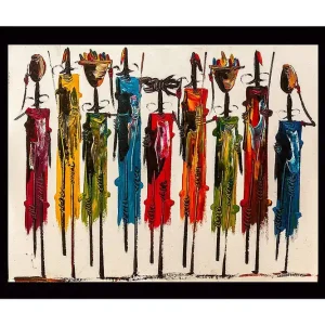 Begränsat erbjudande Inramad Canvastavla i trä - 41x56 cm - Färgglada figurer med traditionella inslag och långa stavar - Inredning & dekor
