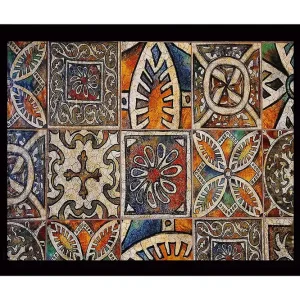Begränsad tid Inramad Canvastavla i trä - 41x56 cm - Mönstrad kakelplatta med geometriska och florala motiv - Inredning & dekor