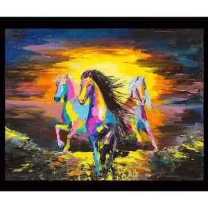 Sista chansen Inramad Canvastavla i trä - 41x56 cm - Tre färgglada hästar som galopperar mot en solnedgång - Inredning & dekor