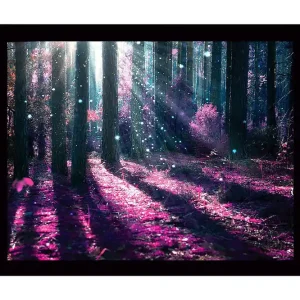 Snabb frakt Inramad Canvastavla i trä - 41x56 cm - Mystisk skog med lila och blå ljusstrålar - Inredning & dekor