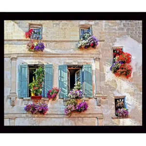 Snabb leverans Inramad Canvastavla i trä - 41x56 cm - Fönster med blomsterarrangemang i livfulla färger - Inredning & dekor
