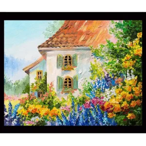 Billig Inramad Canvastavla i trä - 41x56 cm - Blomstrande trädgård med ett charmigt hus - Inredning & dekor