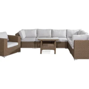deNoord Marcus Stor Loungegrupp Utomhus - 7-sits Loungeset i Konstrotting för Uteplats och Trädgård Beige / Vita dynor - Utemöbler & utemiljö Snabb frakt